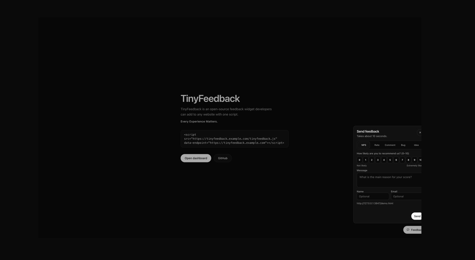 TinyFeedback dark mode — demo page with NPS feedback widget open